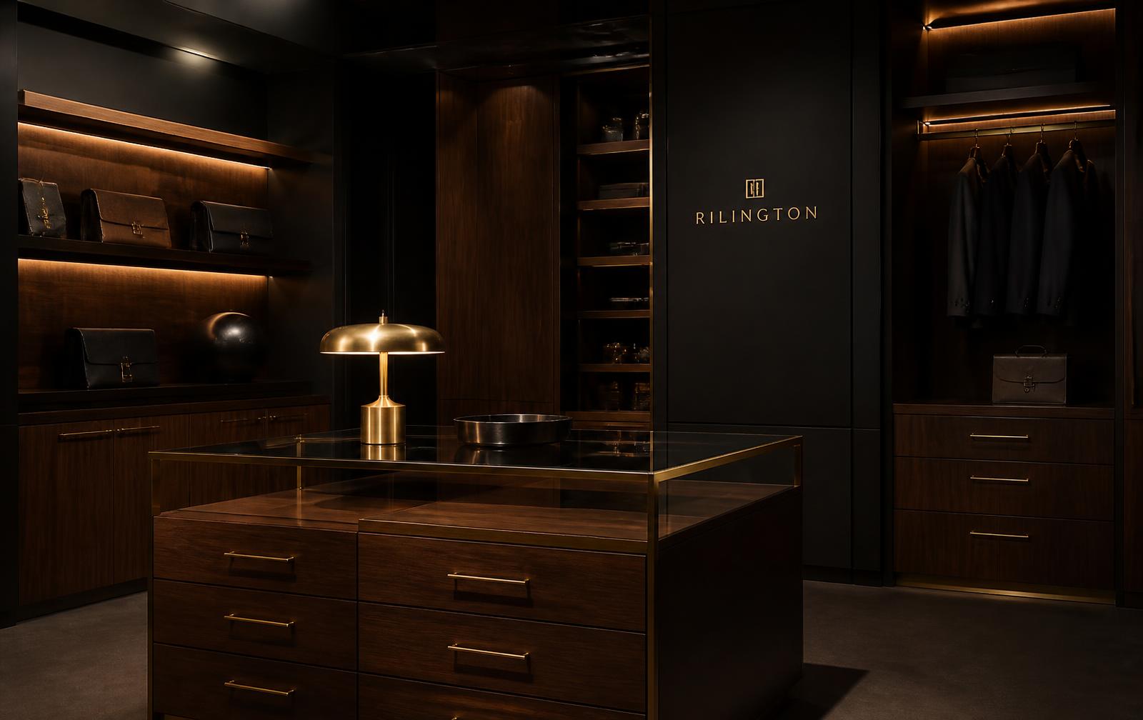 Dark high-end retail furniture showroom with walnut cabinetry and brass hardware